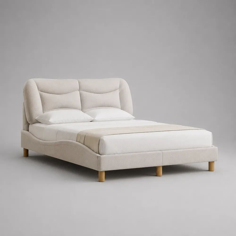 Gepolstertes Doppelbett aus Stoff und Holz mit gepolstertem Kopfteil, Beige/Natur, 172 x 218 x 108 cm, Liegefläche 160 x 200 cm