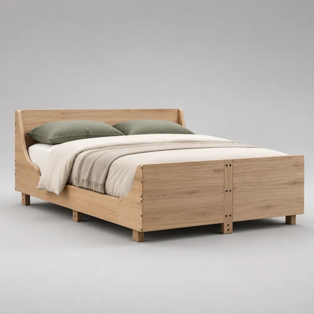 Doppelbett-Bettgestell 180 x 200 cm aus Massivholz und MDF mit Eichenfurnier, Natur, mit Kopf- und Fußteil