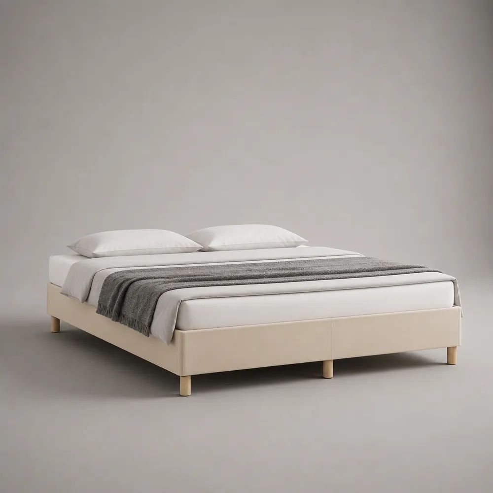 Polsterbettgestell ohne Kopfteil mit Polyesterbezug und Holzfüßen, Beige/Hellbraun, Liegefläche 180 x 200 cm