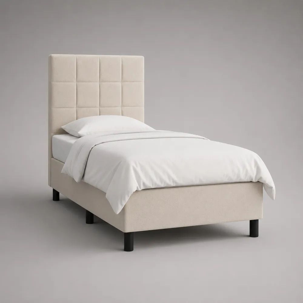 Polsterbett Einzelbett aus Polyester in Creme mit schwarzen Füßen, Kopfteil und Lattenrost, Liegefläche 90 x 200 cm, Gesamtmaß 214 x 98 x 120 cm