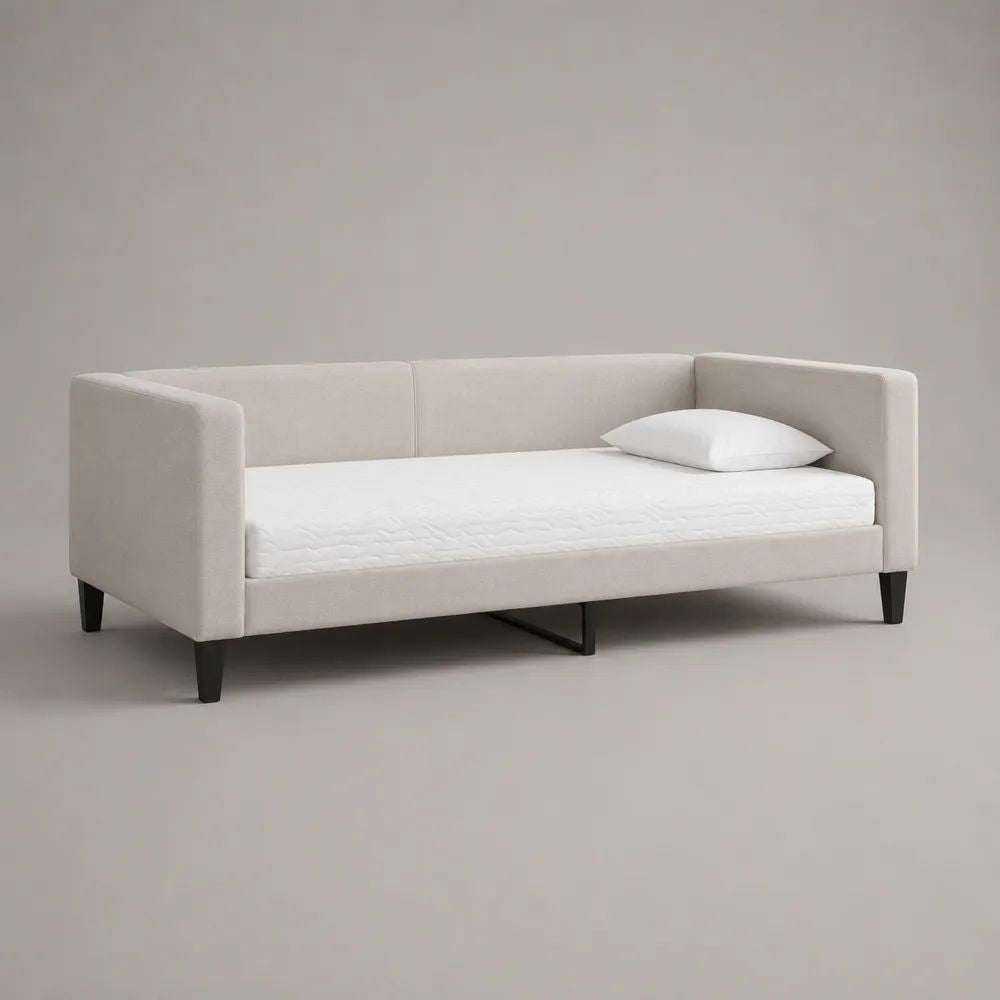 Tagesbett mit Matratze, 2-teiliges Set aus Stoff, Creme/Weiß/Schwarz, Liegefläche 90 × 200 cm, Gesamtmaß 216 × 98 × 78 cm