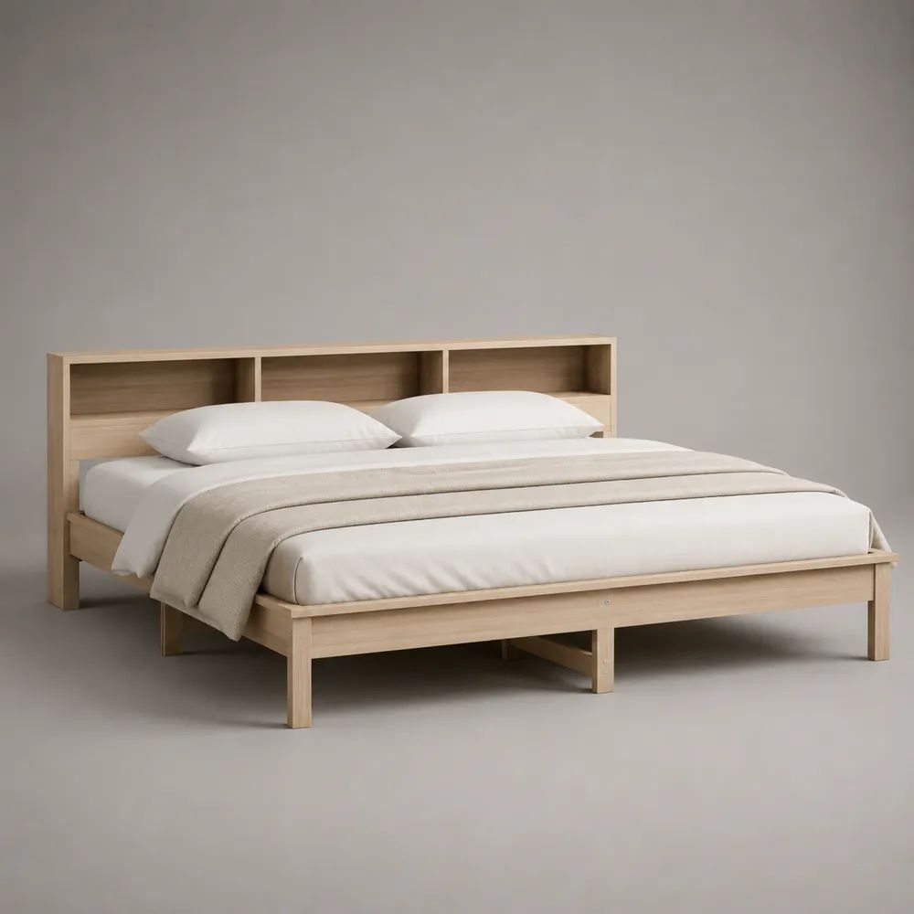 Doppelbett aus massivem Kiefernholz mit Regal-Kopfteil, Natur/Hellbeige, Liegefläche 180 × 200 cm, Gesamtmaß 218 × 188 × 95 cm