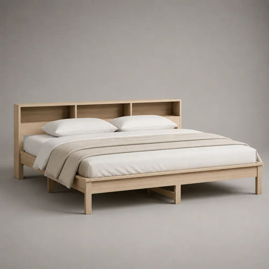 Doppelbett aus massivem Kiefernholz mit Regal-Kopfteil, Natur/Hellbeige, Liegefläche 180 × 200 cm, Gesamtmaß 218 × 188 × 95 cm