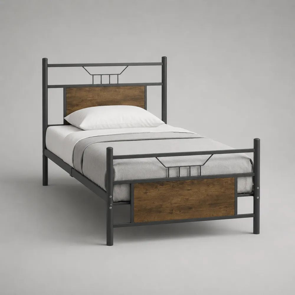 Einzelbett aus Metall, Stahl und MDF, Schwarz/Braun, Liegefläche 90 x 200 cm, Gesamtmaß 208 x 96 x 110 cm