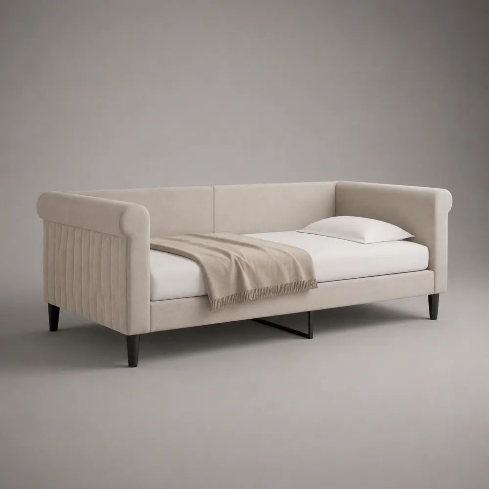 Gepolstertes Tagesbett mit Lattenrost, Liegefläche 90 x 200 cm, Polyesterbezug, Beige/Schwarz, 215 x 103 x 82 cm
