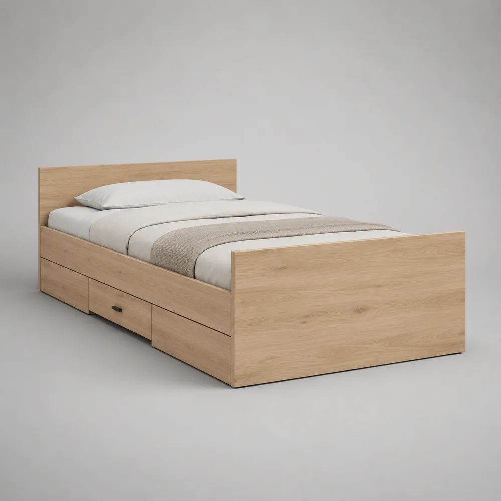 Stauraumbett aus Holzwerkstoff mit 2 Schubladen, Eiche Natur/Schwarz, Liegefläche 90 × 200 cm, Gesamtmaß 208 × 96 × 90 cm