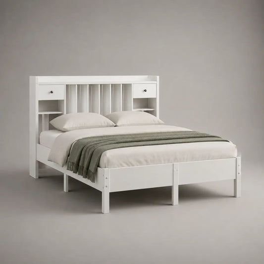 Doppelbett mit Stauraum-Kopfteil aus Massivkiefer und MDF, Weiß/Schwarz, Liegefläche 160 x 200 cm