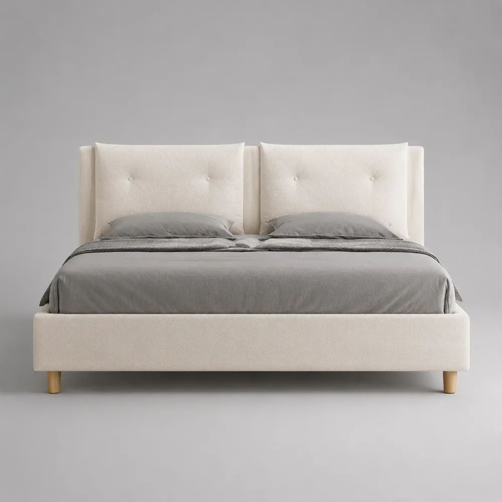 Polsterbett 180 × 200 cm, Doppelbett mit geteiltem Kopfteil, Polyester-Bouclé, Cremeweiß, Massivholzfüße