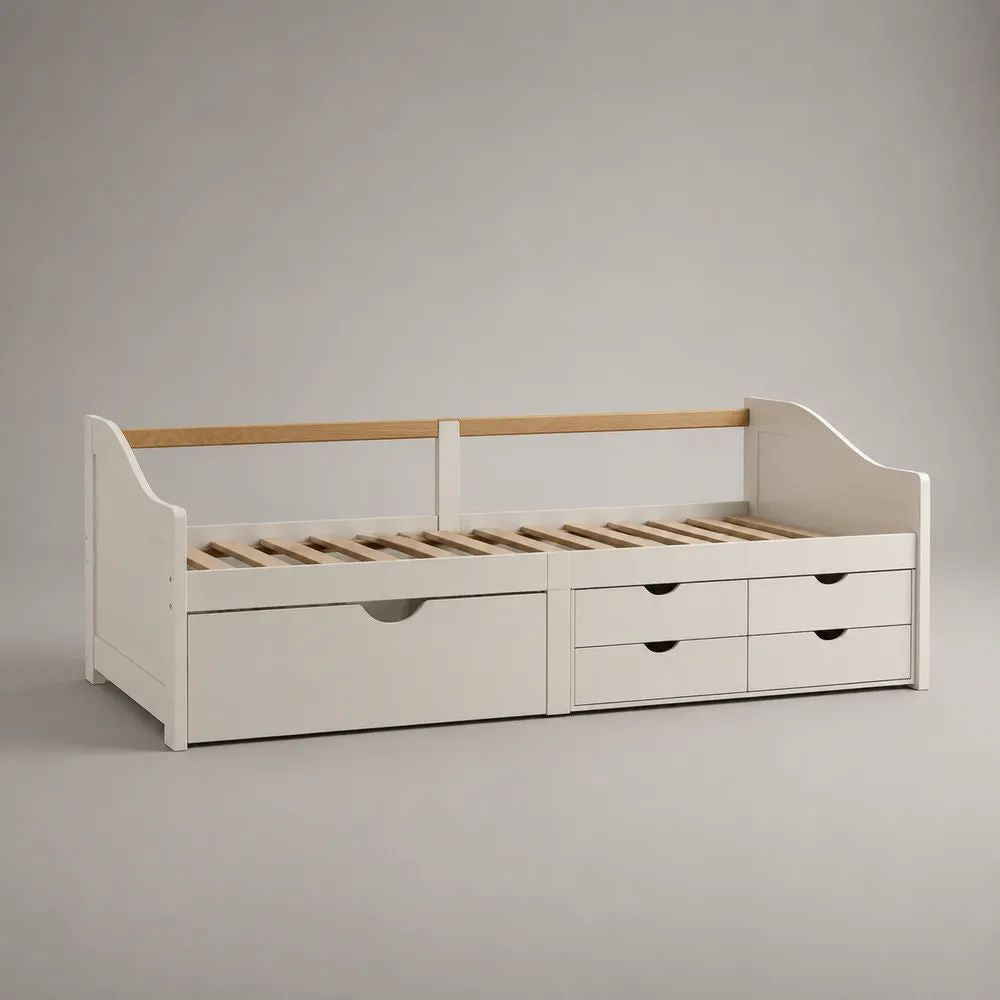Kinderbett 90 × 200 cm mit Lattenrost und 5 Schubladen aus MDF und Massivkiefer, Weiß/Natur