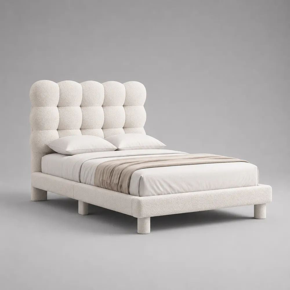 Polsterbett Doppelbett 160 × 200 cm mit hohem Kopfteil, Polyester-Bouclé, Cremeweiß