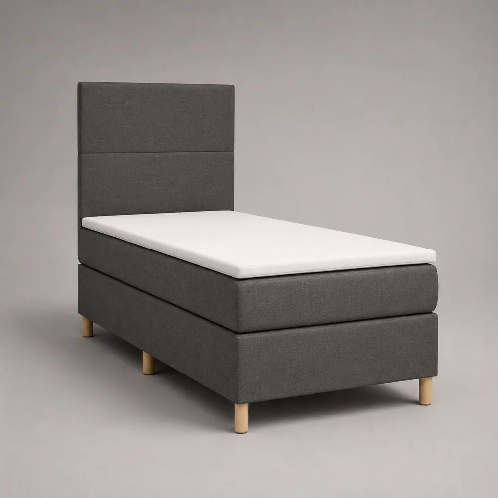 Boxspringbett Einzelbett mit Matratze, Topper und Kopfteil, Stoff Dunkelgrau, Liegefläche 90 × 200 cm