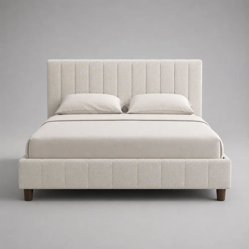 Polsterbett 160 × 200 cm, Doppelbett mit Bouclé-Bezug und vertikal gepolstertem Kopfteil, Cremeweiß